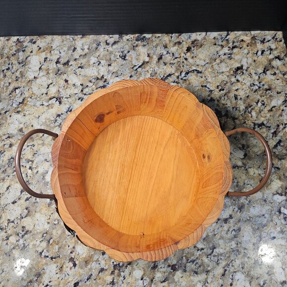 Pier One Rustic Hand Carved Pumpkin Bowl With Metal Handles and Leaf Accent - Picture 3 of 10